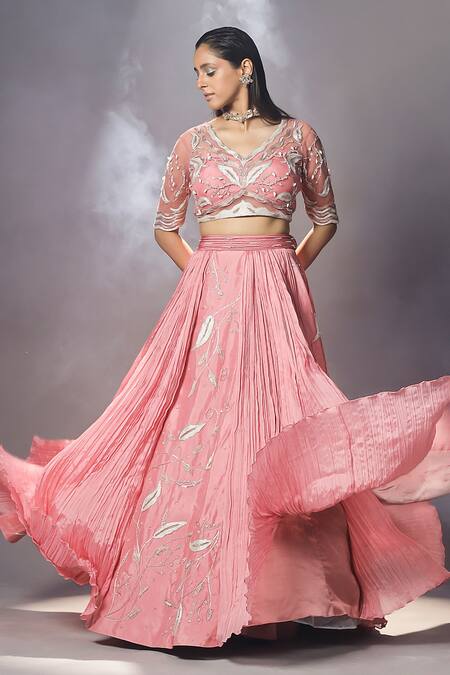 ISHA GUPTA TAYAL_Pink Silk, Organza, Net, Chiffon Floral Multi Panelled Embroidered Lehenga Set _Online_at_Aza_Fashions