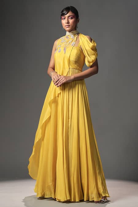 ISHA GUPTA TAYAL Ruched Anarkali With Draped Cape 