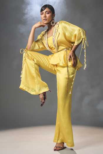 ISHA GUPTA TAYAL_Yellow Organza Silk Floral Motifs Notched Lapel Collar Pant Set With Peplum Top _Online_at_Aza_Fashions