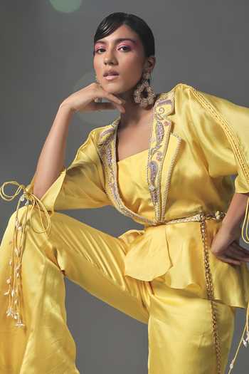 Buy_ISHA GUPTA TAYAL_Yellow Organza Silk Floral Motifs Notched Lapel Collar Pant Set With Peplum Top _Online_at_Aza_Fashions