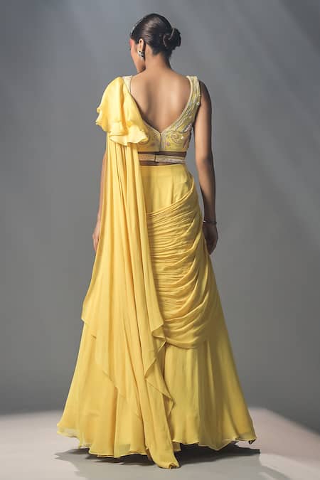 Shop_ISHA GUPTA TAYAL_Yellow Silk, Organza, Georgette Floral Pre-stitched Lehenga Saree With Blouse _at_Aza_Fashions