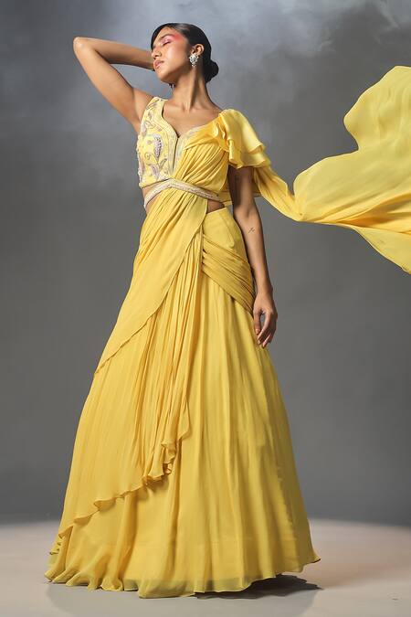 ISHA GUPTA TAYAL_Yellow Silk, Organza, Georgette Floral Pre-stitched Lehenga Saree With Blouse _Online_at_Aza_Fashions