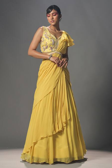 Buy_ISHA GUPTA TAYAL_Yellow Silk, Organza, Georgette Floral Pre-stitched Lehenga Saree With Blouse _Online_at_Aza_Fashions