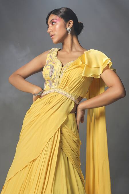 Shop_ISHA GUPTA TAYAL_Yellow Silk, Organza, Georgette Floral Pre-stitched Lehenga Saree With Blouse _Online_at_Aza_Fashions