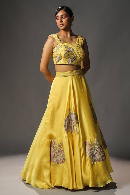 ISHA GUPTA TAYAL_Yellow Silk, Organza, Chiffon Leaf Motifs Embroidered Lehenga With Draped Blouse _Online_at_Aza_Fashions