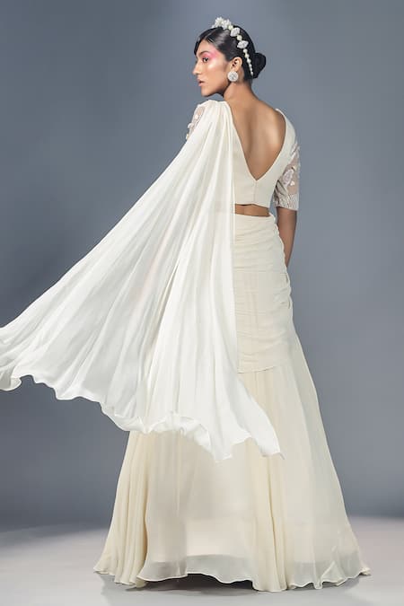 Isha Gupta Tayal_White Net, Georgette Sequins V Neck Pre-stitched Lehenga Saree With Blouse _Online_at_Aza_Fashions