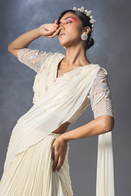 Buy_Isha Gupta Tayal_White Net, Georgette Sequins V Neck Pre-stitched Lehenga Saree With Blouse _Online_at_Aza_Fashions