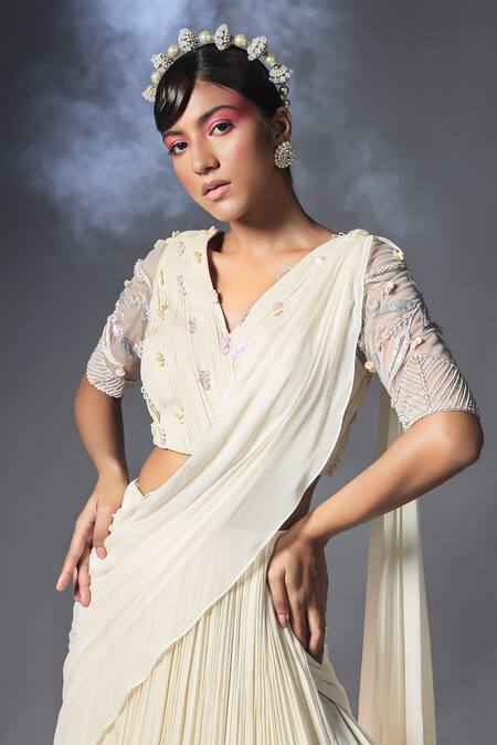 Shop_Isha Gupta Tayal_White Net, Georgette Sequins V Neck Pre-stitched Lehenga Saree With Blouse _Online_at_Aza_Fashions
