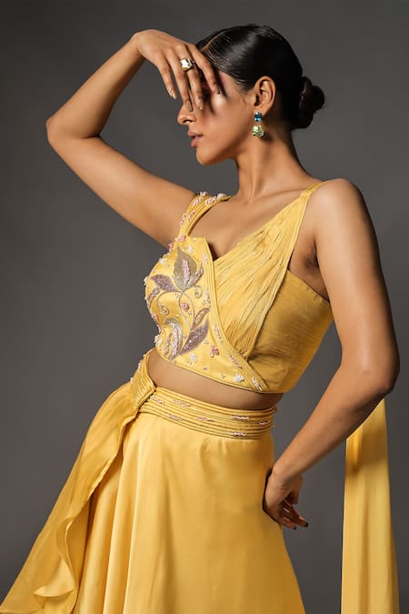 ISHA GUPTA TAYAL_Yellow Silk, Organza, Chiffon Leaf Motifs Wrap Skirt With Draped Top _Online_at_Aza_Fashions