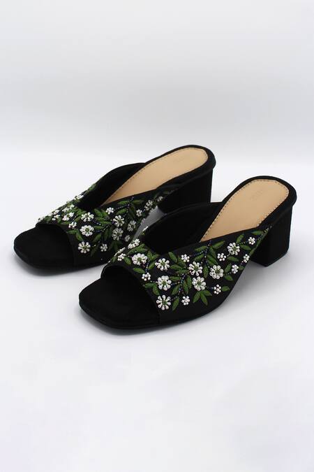 Ame_Black Embellished Floral Block Heels_Online_at_Aza_Fashions