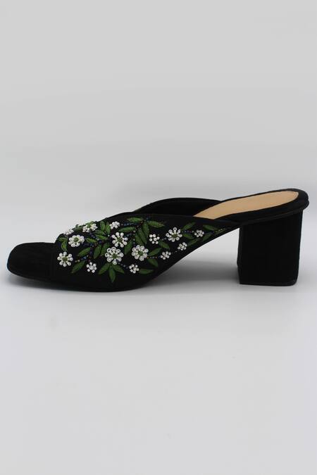 Shop_Ame_Black Embellished Floral Block Heels_Online_at_Aza_Fashions