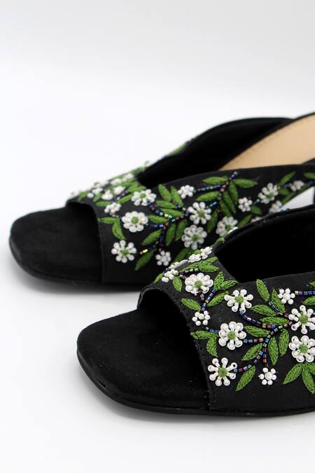 Ame_Black Embellished Floral Block Heels_at_Aza_Fashions