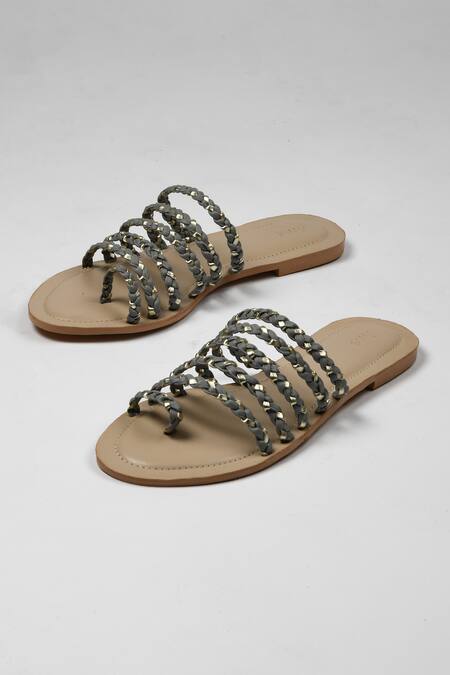 Shop_Ame_Grey Vegan Leather Flats_at_Aza_Fashions