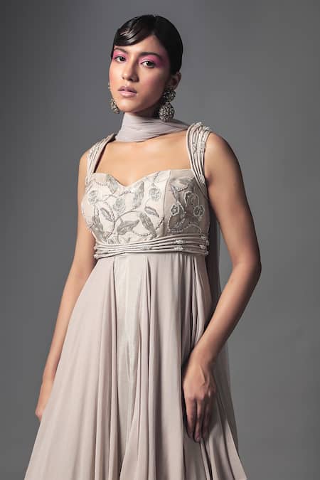 Buy_ISHA GUPTA TAYAL_Grey Silk, Tulle, Georgette Leaf Motifs Layered Pleated Anarkali And Dupatta _Online_at_Aza_Fashions