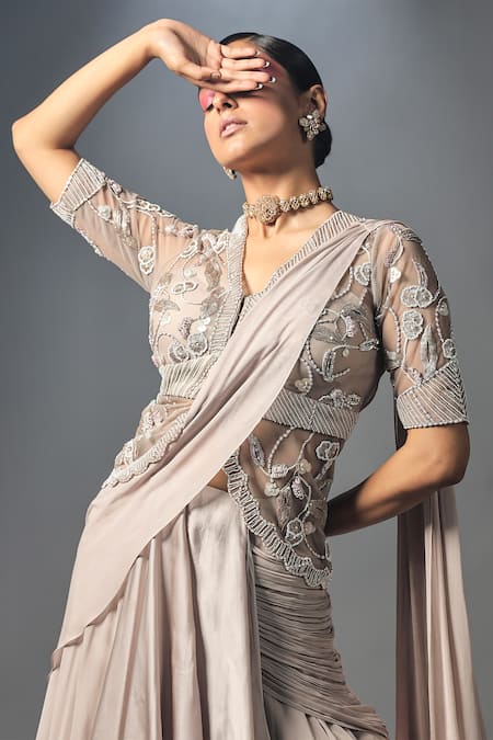 Buy_ISHA GUPTA TAYAL_Grey Organza, Net, Chiffon Floral Motifs V Pre-stitched Lehenga Saree With Top _Online_at_Aza_Fashions