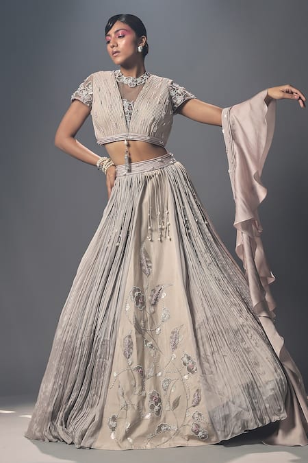 Isha Gupta Tayal Grey Chiffon Embroidered Floral Motifs Round Corded Multi Panelled Lehenga Set 