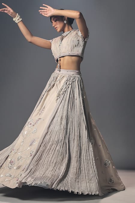 ISHA GUPTA TAYAL_Grey Silk, Organza, Chiffon Floral Motifs Corded Multi Panelled Lehenga Set _Online_at_Aza_Fashions