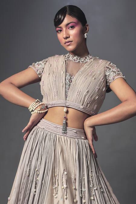 Buy_ISHA GUPTA TAYAL_Grey Silk, Organza, Chiffon Floral Motifs Corded Multi Panelled Lehenga Set _Online_at_Aza_Fashions