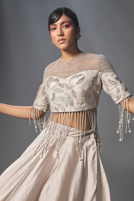 ISHA GUPTA TAYAL_Grey Silk, Organza, Net Leaf Motifs Round Wrap Layered Skirt And Crop Top Set _Online_at_Aza_Fashions