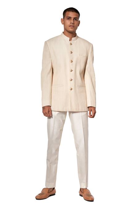 Shop Amaare White Cotton Silk Textured Bandhgala Set at Aza Fashions Shop_Amaare_White Cotton Silk Textured Bandhgala Set _at_Aza_Fashions