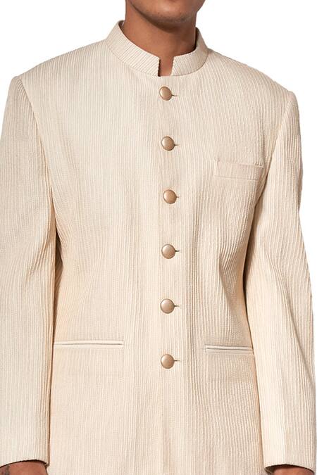 Amaare White Cotton Silk Textured Bandhgala Set Online at Aza Fashions Amaare_White Cotton Silk Textured Bandhgala Set _Online_at_Aza_Fashions