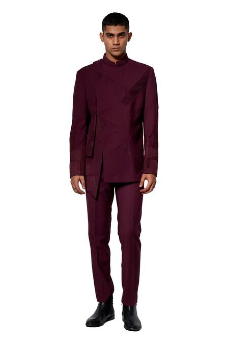 Shop Amaare Maroon Wool Blend Embroidered Bandhgala Set at Aza Fashions Shop_Amaare_Maroon Wool Blend Embroidered Bandhgala Set _at_Aza_Fashions