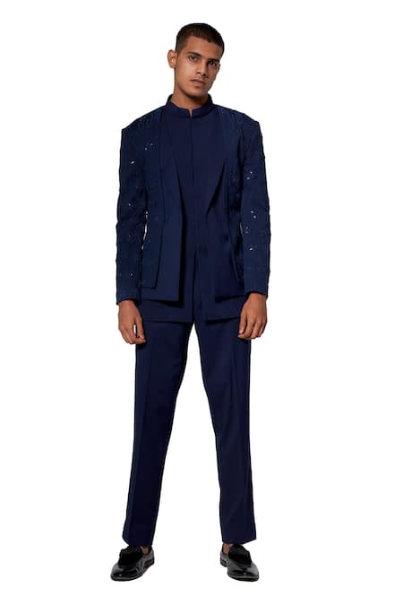 Shop Amaare Blue Wool Blend Embroidered Bandhgala Set at Aza Fashions Shop_Amaare_Blue Wool Blend Embroidered Bandhgala Set _at_Aza_Fashions