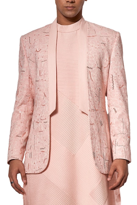 Amaare Pink Rayon Textured Bandhgala And Jacket Set Online at Aza Fashions Amaare_Pink Rayon Textured Bandhgala And Jacket Set _Online_at_Aza_Fashions