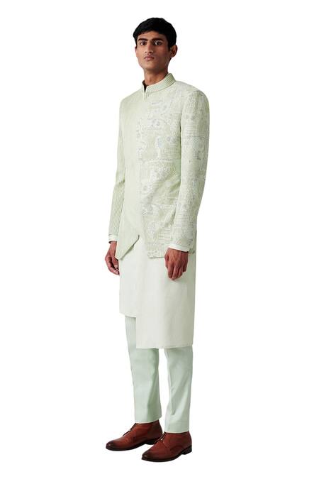 Amaare Green Wool Blend Embroidered Bandhgala Set Online at Aza Fashions Amaare_Green Wool Blend Embroidered Bandhgala Set _Online_at_Aza_Fashions