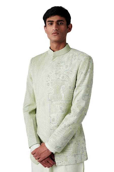 Shop Amaare Green Wool Blend Embroidered Bandhgala Set Online at Aza Fashions Shop_Amaare_Green Wool Blend Embroidered Bandhgala Set _Online_at_Aza_Fashions