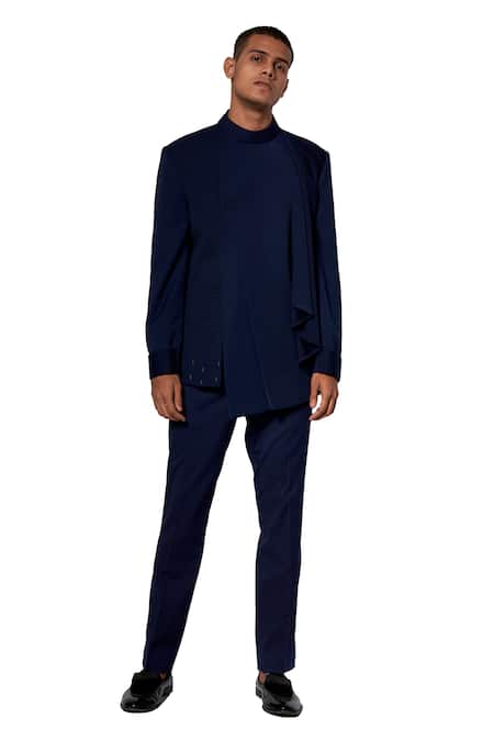 Shop Amaare Blue Wool Blend Draped Bandhgala Set at Aza Fashions Shop_Amaare_Blue Wool Blend Draped Bandhgala Set _at_Aza_Fashions