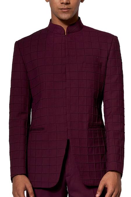 Amaare Maroon Wool Blend Checkered Bandhgala Set Online at Aza Fashions Amaare_Maroon Wool Blend Checkered Bandhgala Set _Online_at_Aza_Fashions
