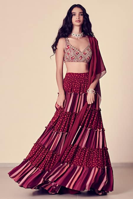 Arpita Mehta Pink Tiered Embroidered Lehenga Set