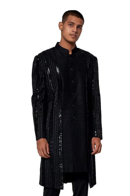 Amaare Black Raw Silk Embroidered Sherwani Set  