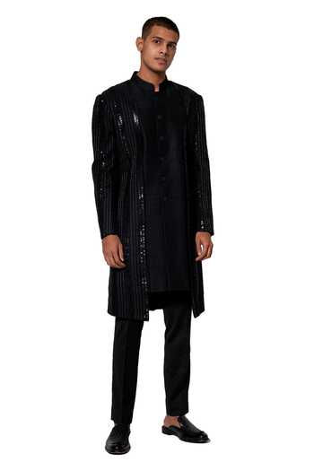 Shop Amaare Black Raw Silk Embroidered Sherwani Set at Aza Fashions Shop_Amaare_Black Raw Silk Embroidered Sherwani Set _at_Aza_Fashions