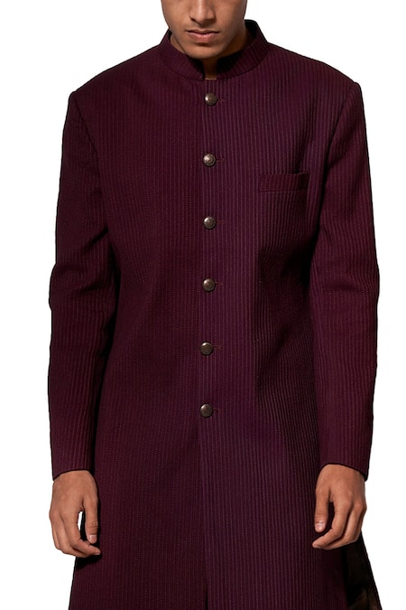 Amaare Maroon Cotton Silk Textured Bandhgala Set Online at Aza Fashions Amaare_Maroon Cotton Silk Textured Bandhgala Set _Online_at_Aza_Fashions