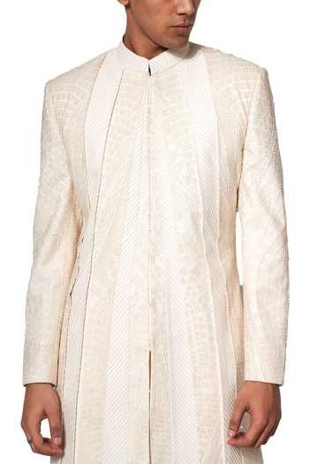 Amaare_White Rayon Textured Sherwani Set _Online_at_Aza_Fashions
