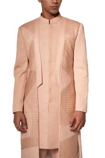 Amaare_Peach Rayon Textured Sherwani Set _Online_at_Aza_Fashions