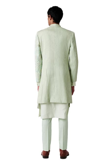 Shop Amaare Green Wool Blend Embroidered Sherwani Set at Aza Fashions Shop_Amaare_Green Wool Blend Embroidered Sherwani Set _at_Aza_Fashions