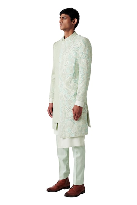 Amaare Green Wool Blend Embroidered Sherwani Set Online at Aza Fashions Amaare_Green Wool Blend Embroidered Sherwani Set _Online_at_Aza_Fashions