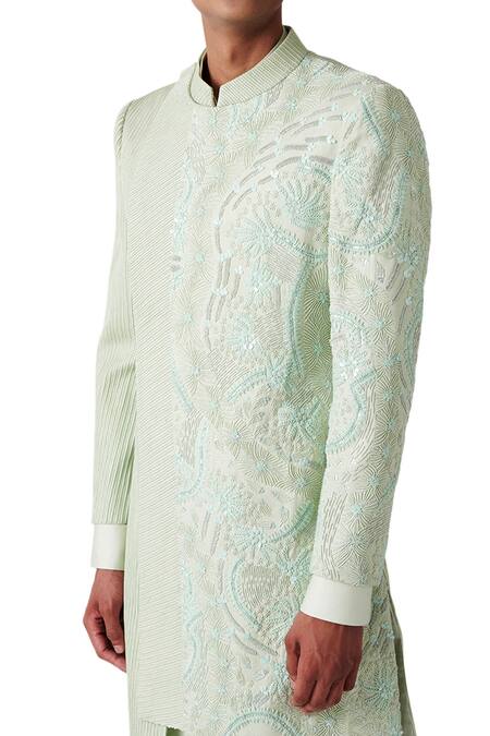 Shop Amaare Green Wool Blend Embroidered Sherwani Set Online at Aza Fashions Shop_Amaare_Green Wool Blend Embroidered Sherwani Set _Online_at_Aza_Fashions