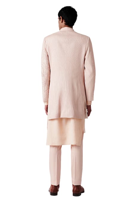 Shop Amaare Peach Wool Blend Embroidered Sherwani Set at Aza Fashions Shop_Amaare_Peach Wool Blend Embroidered Sherwani Set _at_Aza_Fashions
