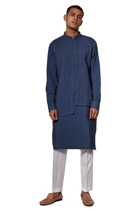 Shop Amaare Blue Tusser Silk Pintuck Kurta Set at Aza Fashions Shop_Amaare_Blue Tusser Silk Pintuck Kurta Set _at_Aza_Fashions
