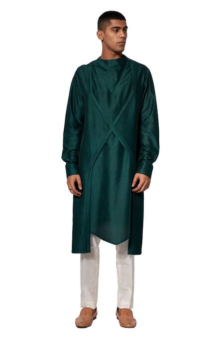 Amaare Green Cotton Silk Asymmetric Pintuck Kurta Set Online at Aza Fashions Amaare_Green Cotton Silk Asymmetric Pintuck Kurta Set _Online_at_Aza_Fashions