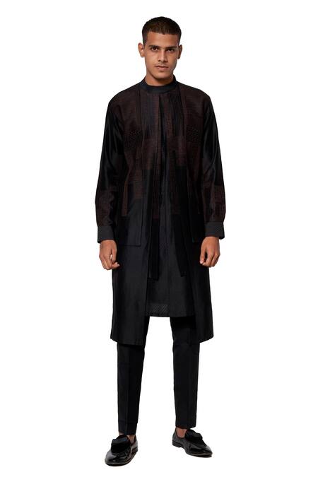 Shop Amaare Black Tusser Silk Layered Kurta Set at Aza Fashions Shop_Amaare_Black Tusser Silk Layered Kurta Set _at_Aza_Fashions