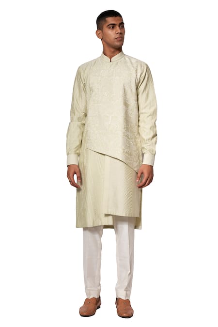 Shop Amaare Green Cotton Silk Overlap Kurta Set at Aza Fashions Shop_Amaare_Green Cotton Silk Overlap Kurta Set _at_Aza_Fashions