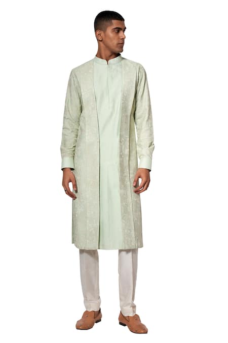 Shop Amaare Green Cotton Silk Embroidered Layered Kurta Set at Aza Fashions Shop_Amaare_Green Cotton Silk Embroidered Layered Kurta Set _at_Aza_Fashions