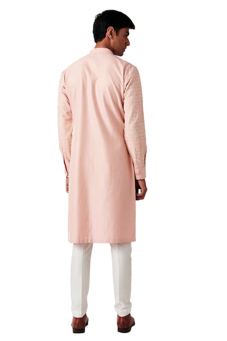 Shop Amaare Peach Wool Blend Embroidered Kurta And Pant Set at Aza Fashions Shop_Amaare_Peach Wool Blend Embroidered Kurta And Pant Set _at_Aza_Fashions