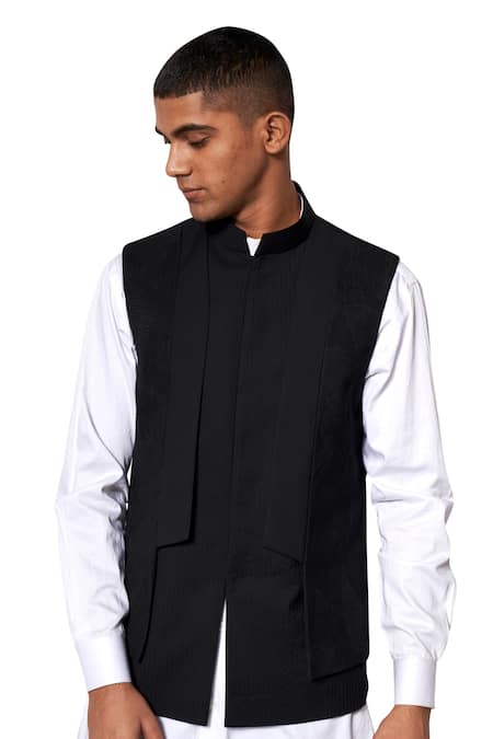 Amaare_Black Wool Blend Textured Bundi And Shirt Set  _Online_at_Aza_Fashions