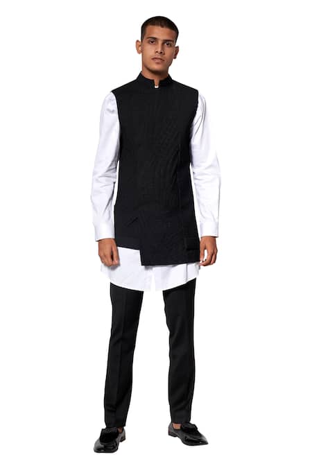 Shop Amaare Black Wool Blend Textured Bundi And Shirt Set at Aza Fashions Shop_Amaare_Black Wool Blend Textured Bundi And Shirt Set _at_Aza_Fashions